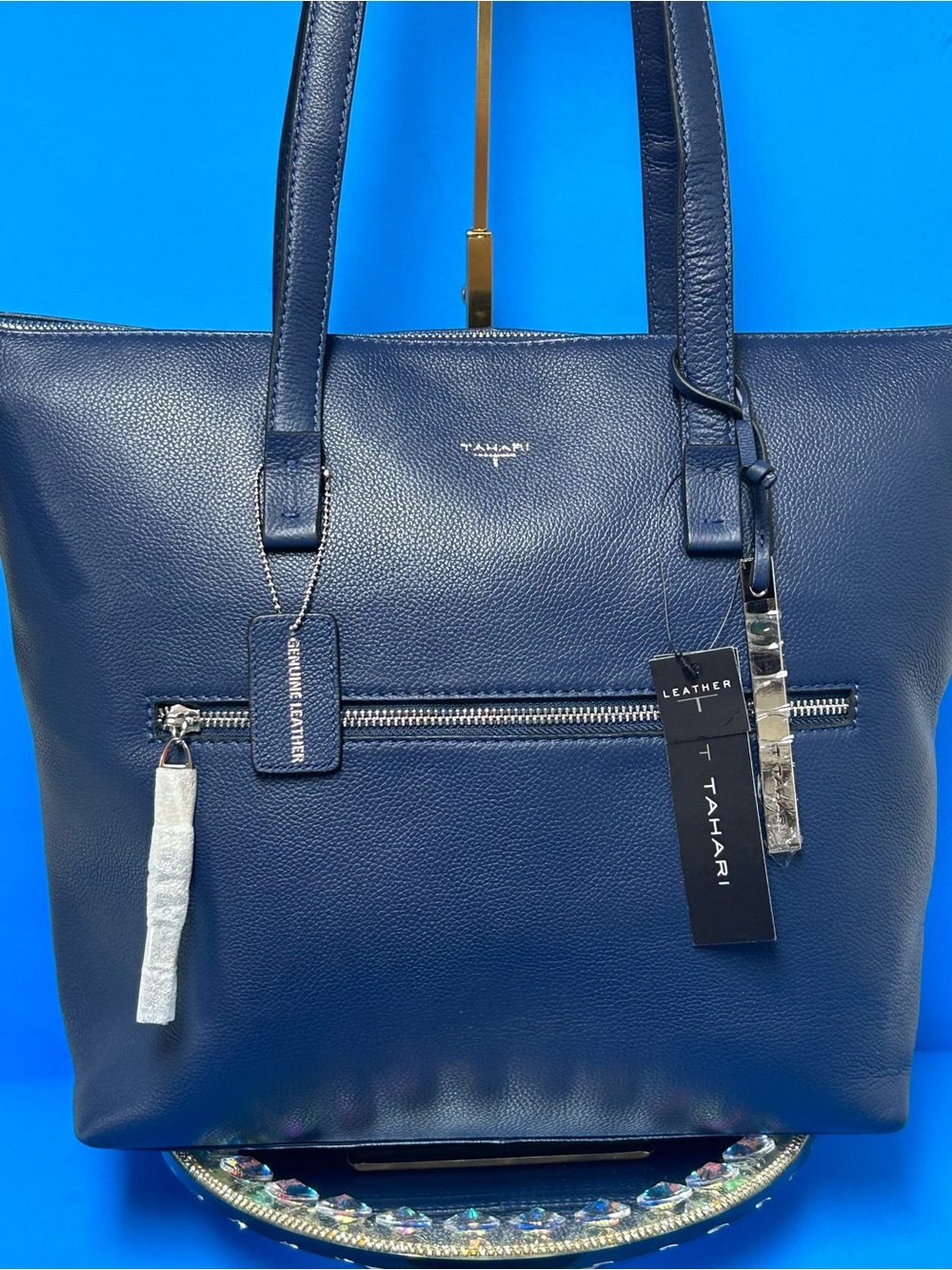 Tahari Navy Genuine Leather Tote w/Front Zip Pocket Approx. 16.5 x 13 x 4